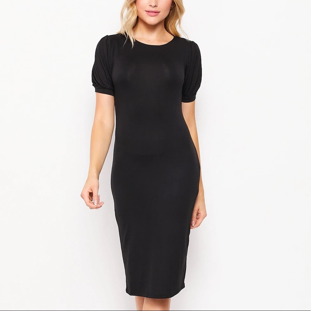 A26 NEW Velvet Torch Midi Dress Black Classy Puff Sleeve Modest Sz Small Bodycon